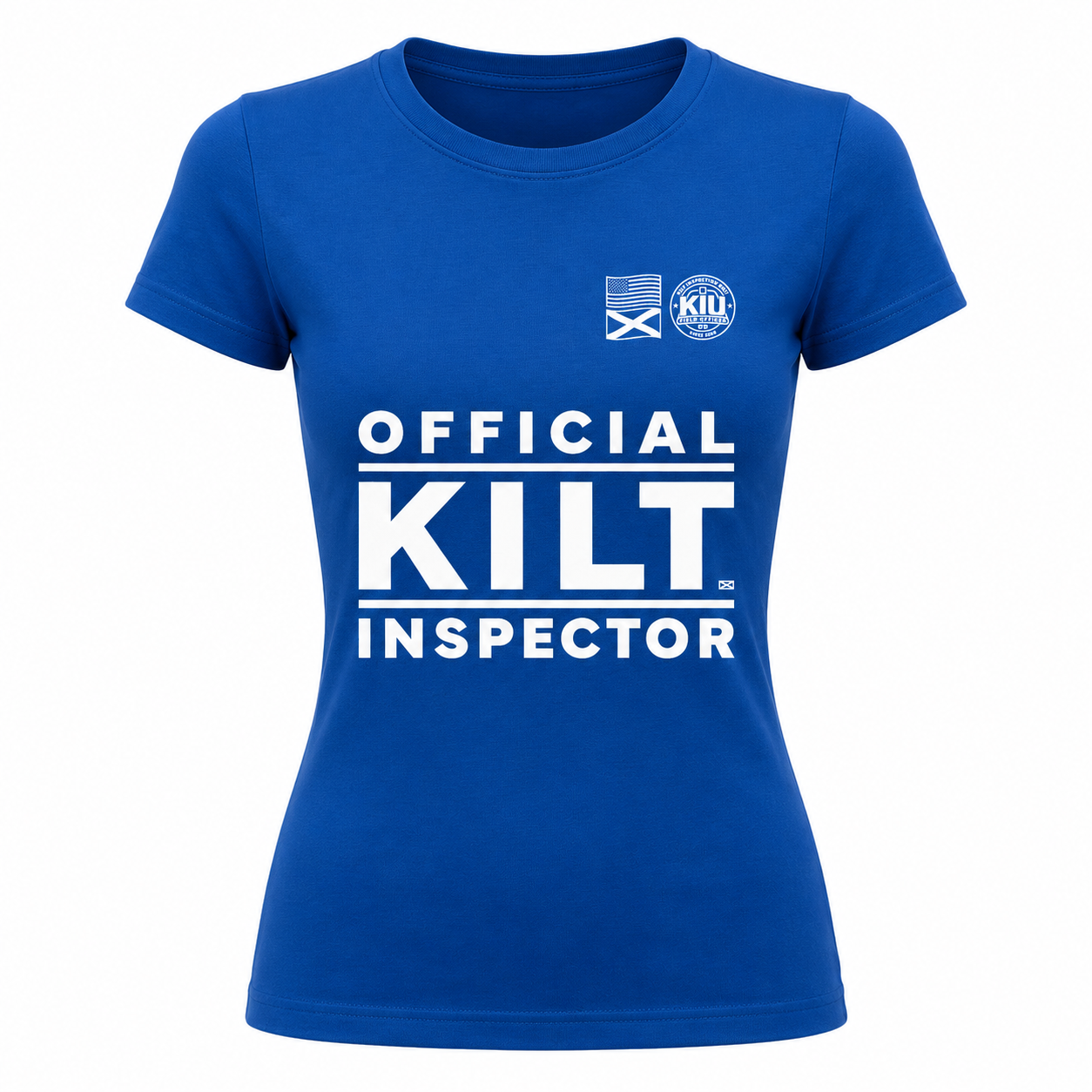 Blue t-shirt with 'Official Kilt Inspector' text and logo on a white background