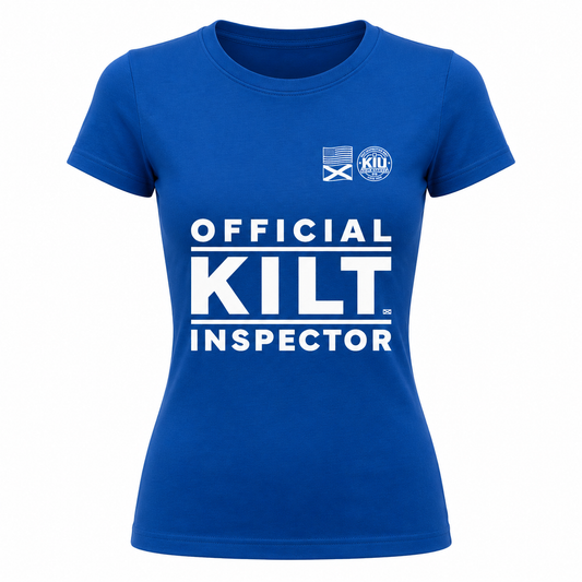 Blue t-shirt with 'Official Kilt Inspector' text and logo on a white background